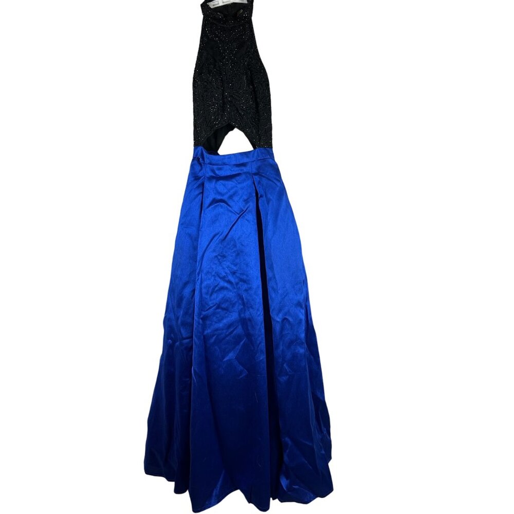 2Cute Womens Size 2 Black Beaded Top & Royal Blue Satin Skirt Evening Gown